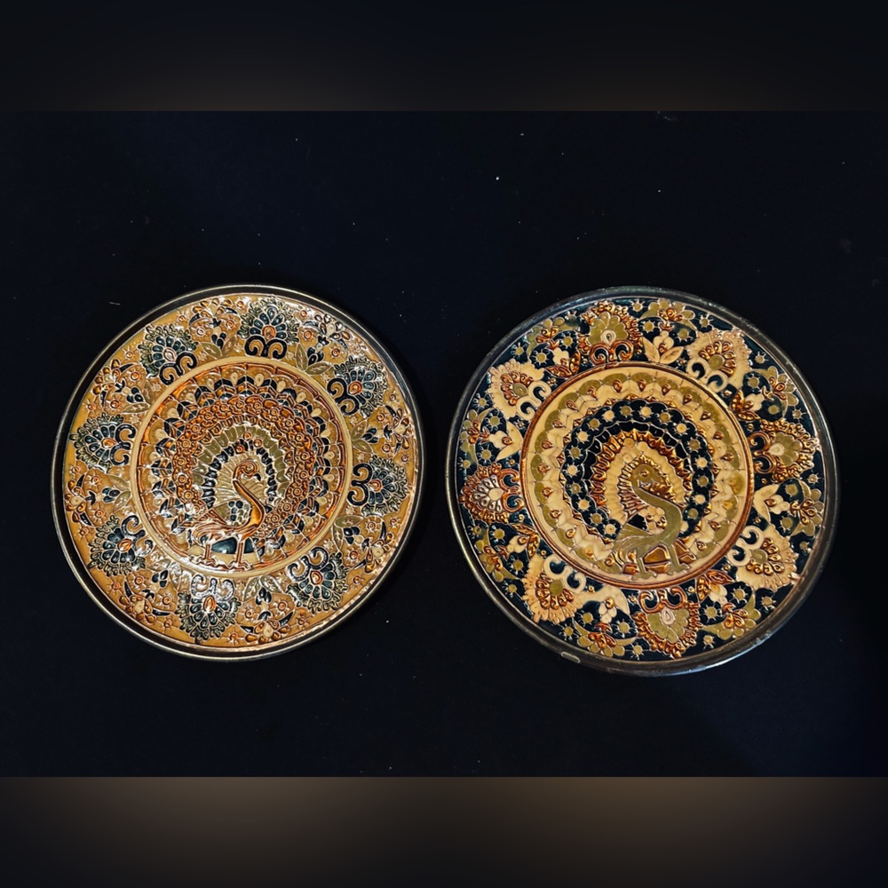 Decorative Peacock Brass and Enamel Plates with Intricate Design